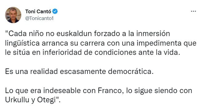 El tuit en contra de la inmersión lingüística en euskera.