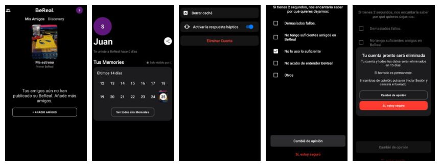 Las panatllas con los pasos para poder desactivar una cuenta de Be Real.