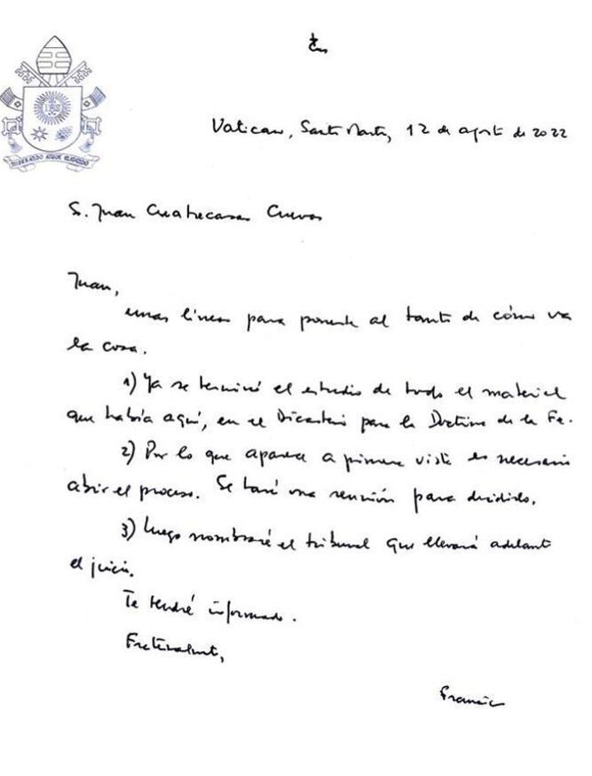 Carta del Papa a Juan Cuatrecasas, víctima de abusos sexuales