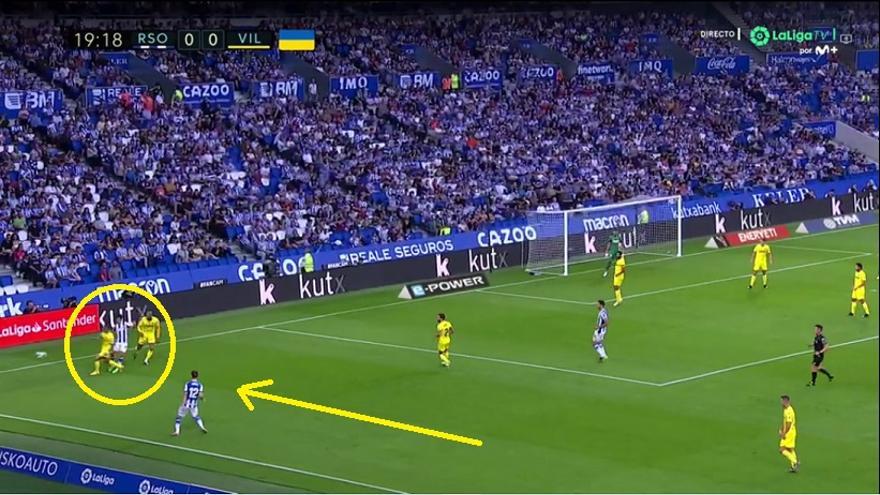 Consecuencia: numerosas situaciones de posible centro que terminaron en saques de esquina. Repetimos que la Real botó hasta siete en el primer tiempo, y en la segunda jugada de uno de ellos llegó el gol (imagen: Pino defiende en línea de fondo y genera un córner).