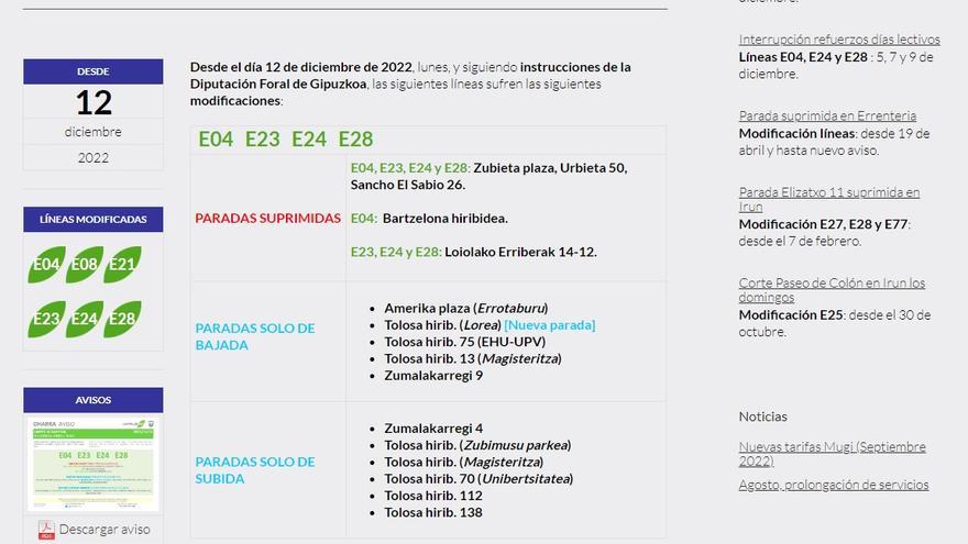 Pantallazo de la web de Ekialdebus en el que anuncia, "siguiendo instrucciones de la Diputación Foral de Gipuzkoa", los cambios en varias líneas