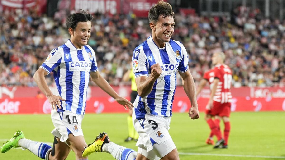 Martin Zubimendi celebra el gol logrado el pasado domingo en Girona