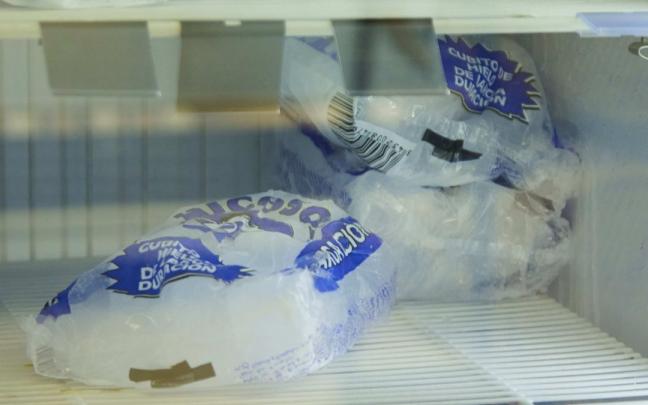 Detalle de una bolsa de cubos de hielo en un supermercado. Detalle de una bolsa de cubos de hielo en un supermercado.