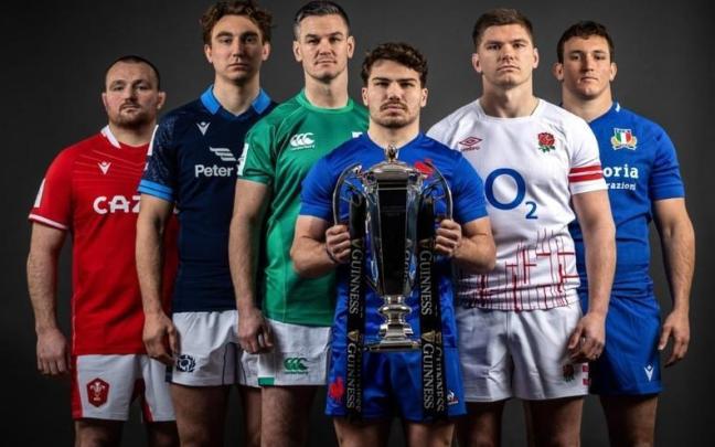 Los capitanes Ken Owens (Gales), Jamie Ritchie (Escocia), Jonathan Sexton (Irlanda), Antoine Dupont (Francia), Owen Farrell (Inglaterra) y Michele Lamaro (Italia).