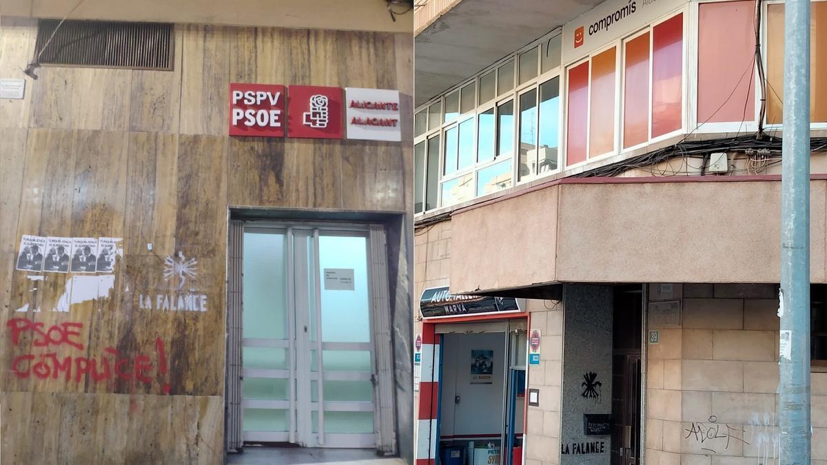 Atacan con pintadas de la Falange las sedes de Compromís y el PSPV en Alicante