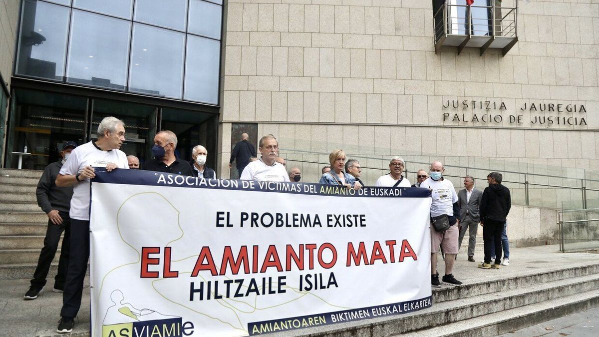 Miembros de Asviamie concentrados hoy en los juzgados de Donostia.