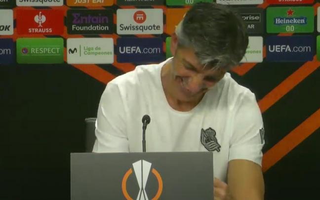 Imanol Alguacil, riendo durante la rueda de prensa previa al partido contra el United