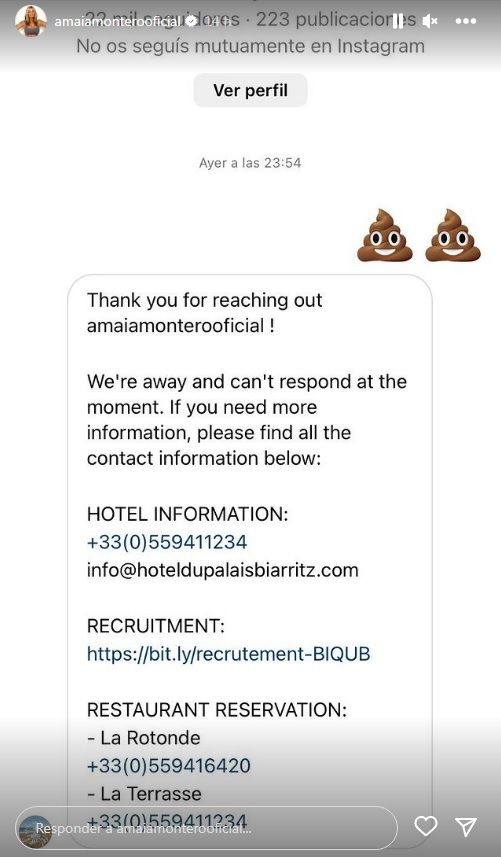 El mensaje privado que Amaia Montero envió al hotel y su respuesta.