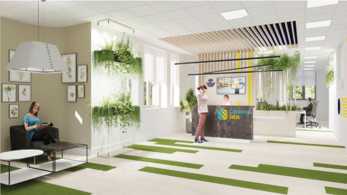 Recreación de render recepción de CorreosLabs Pamplona.