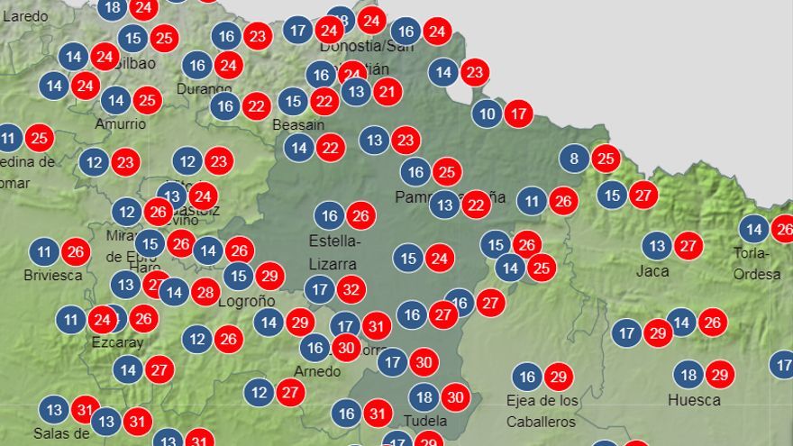 Temperaturas máximas y mínimas para el viernes en Navarra.