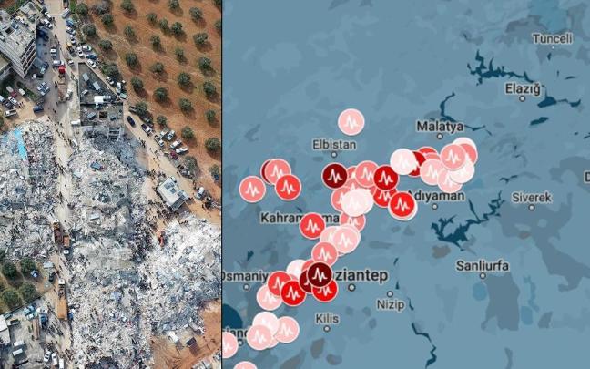 A la derecha, la localidad siria de Besnia, destruida tras el terremoto.