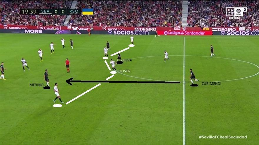 A los txuri-urdin les da resultado la fórmula. Solo cuatro minutos después, esta conexión de Zubimendi con Merino (tras dudas de Oliver en una recepción de Silva) va a permitir al navarro asistir a Sorloth. 0-1.