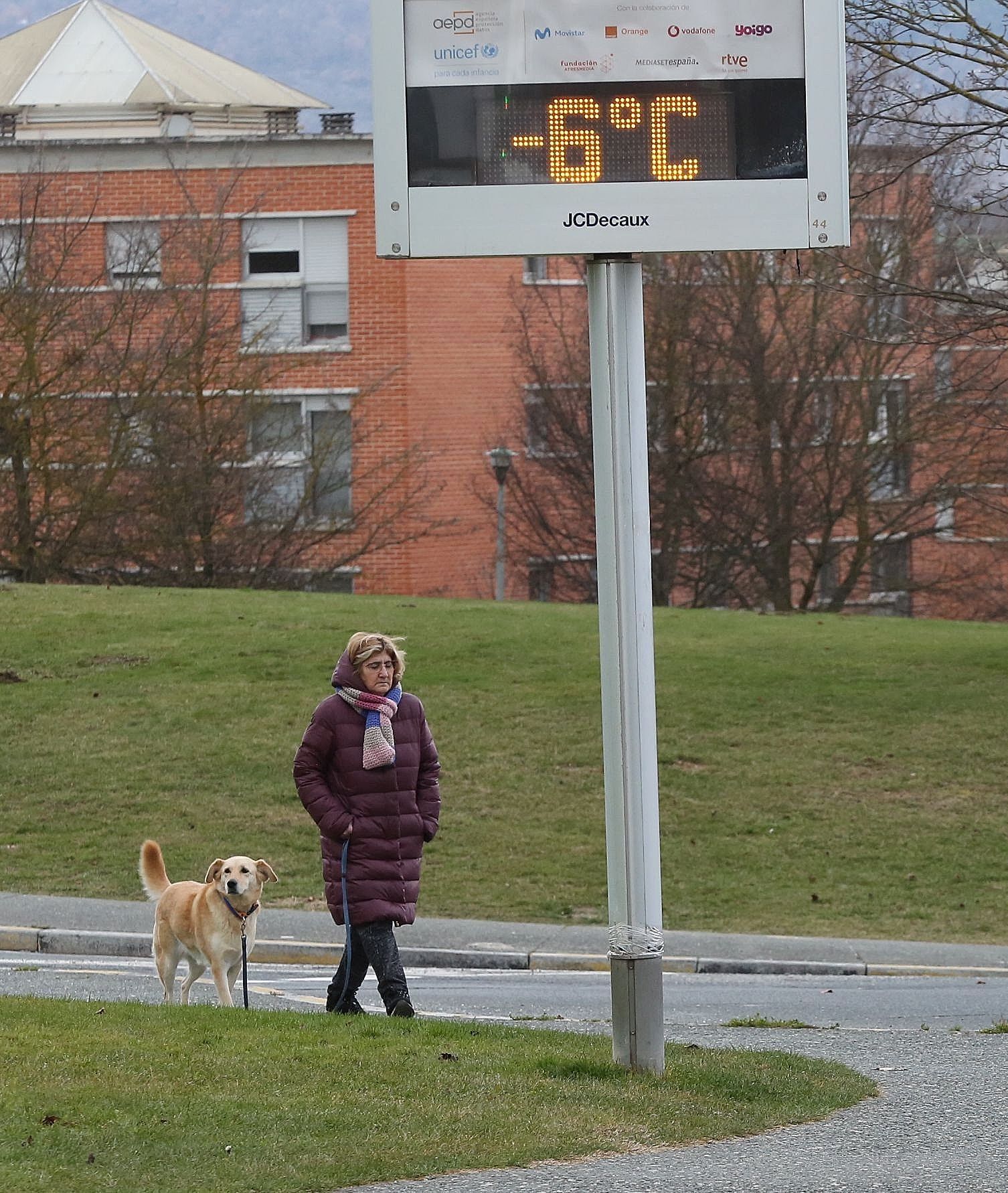 La temperatura que marca el termómetro colocado en Mendillorri no aplazó el paseo de esta mujer con su perro.