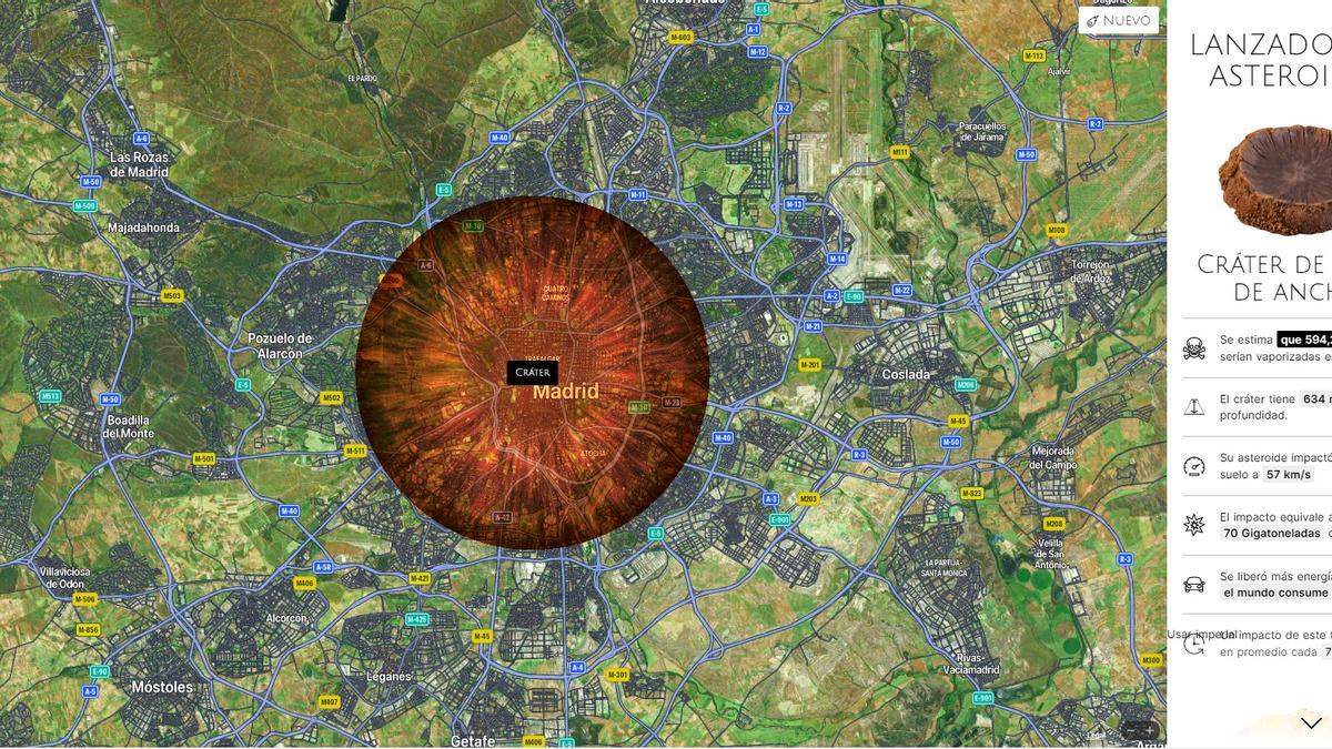 Simulación sobre un mapa de la ciudad de Madrid del cráter causado por meteorito.