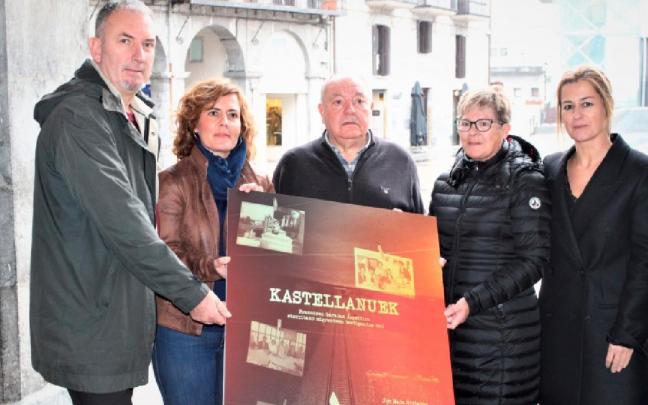 La alcaldesa, Nagore Alkorta, el director de 'Kastellanuek' Jon Maia y los protagonistas Irune Boo, Filo Pérez y Felipe Murillo.