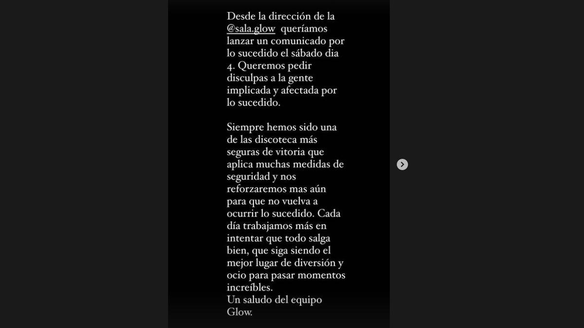 Comunicado de la Sala Glow en Instagram