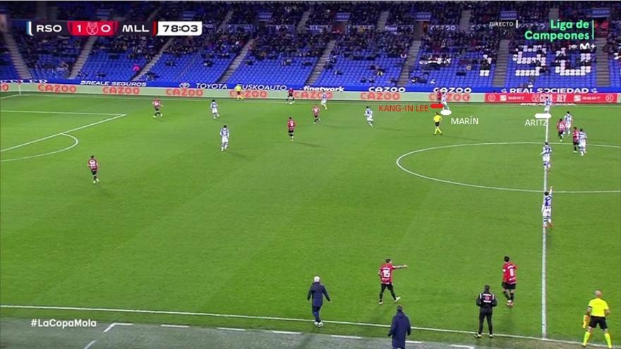 El técnico mexicano fue arriesgando con las sustituciones, en base a los perfiles cada vez más ofensivos de sus futbolistas. Kang-In Lee terminó de carrilero... Fue interesante cómo Imanol le tapó escorando a Marín, y evitando a Aritz saltar a por el coreano.