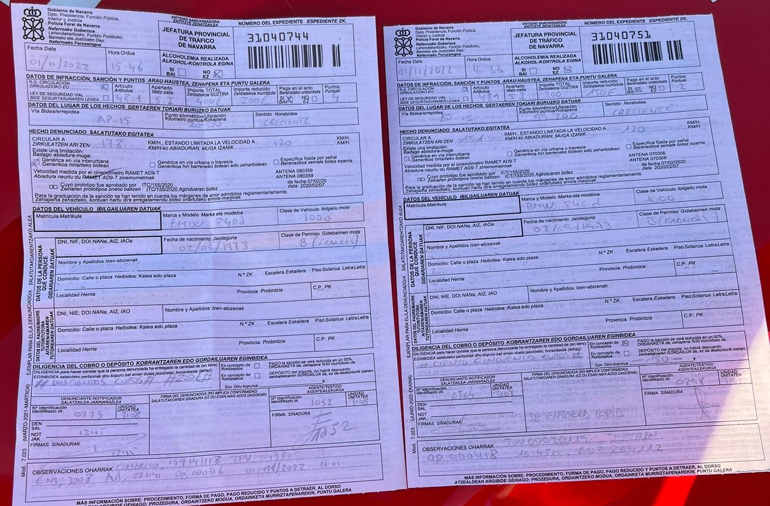 Las dos denuncias impuestas por la Policía Foral
