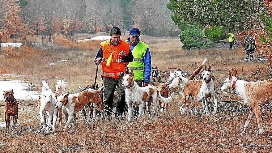 Dos cazadores, con sus perros de caza.