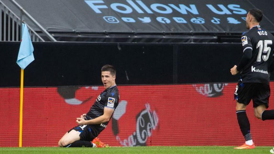 Zubeldia celebra el gol que marcó el domingo en Balaídos, que significó la victoria de la Real Sociedad contra el Celta.