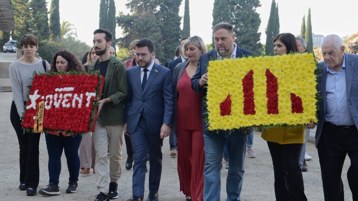 Pere Aragonès, Oriol Junqueras y dirigentes de ERC, en el homenaje a Companys