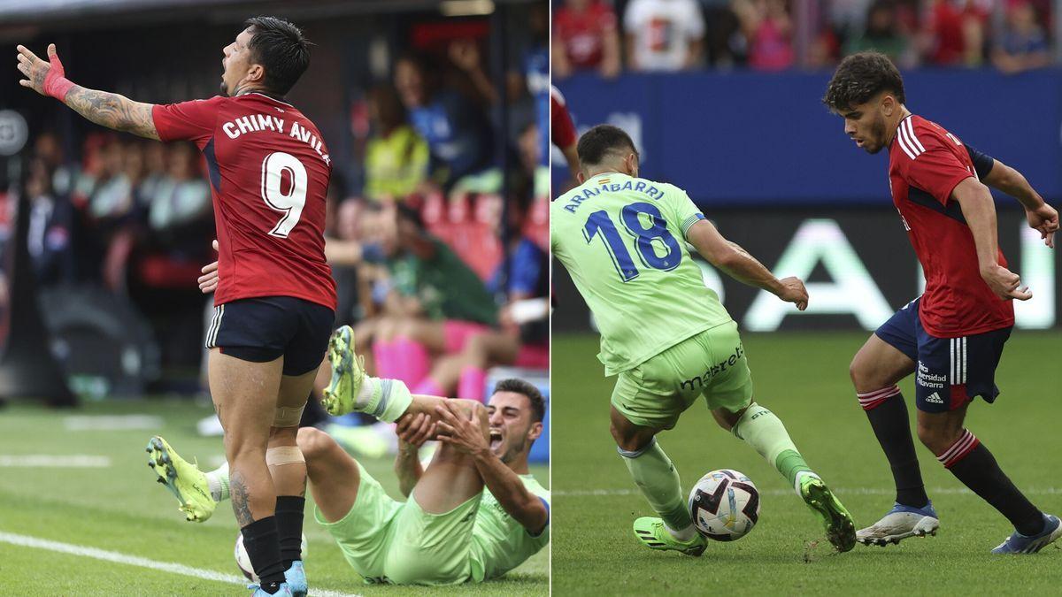 A la izquierda, Chimy en la jugada clave del partido. A la derecha, Abde encara a Arambarri.