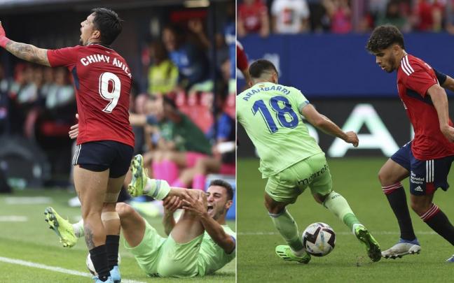 A la izquierda, Chimy en la jugada clave del partido. A la derecha, Abde encara a Arambarri.