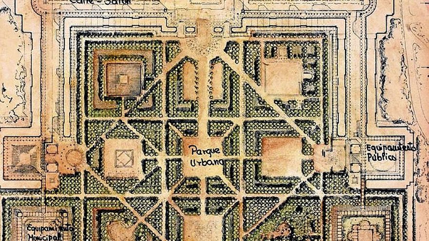 Vista cenital de la distribución de los jardines y las construcciones.