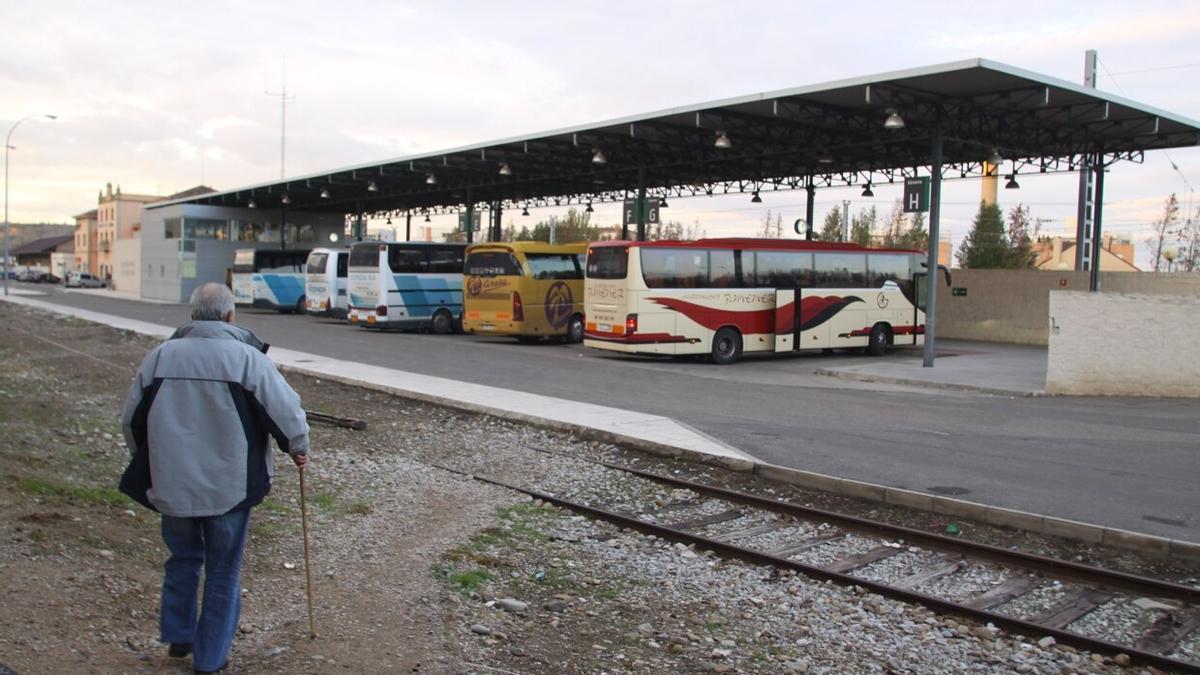 Una persona accede a la parada de los autobuses en la estación intermodal de Tudela