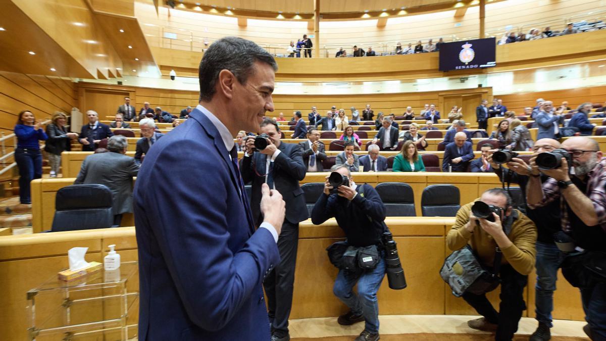 El presidente del Gobierno español, Pedro Sánchez, a su llegada a una sesión de control al Gobierno en el Senado.