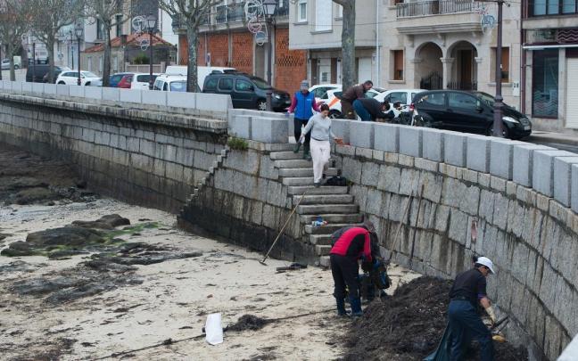 Voluntarios y agentes rurales de la zona recogen los restos de chapapote mezclados con algas.