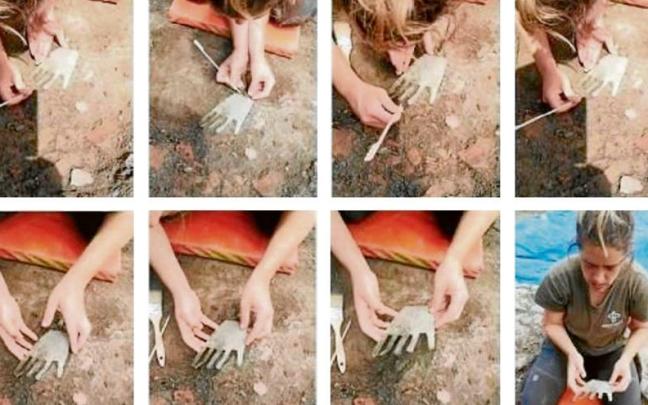 Varias imágenes del proceso en el que Leire Malkorra, arqueóloga de Aranzadi, desentierra la Mano de Irulegi. Varias imágenes del proceso en el que Leire Malkorra, arqueóloga de Aranzadi, desentierra la Mano de Irulegi.