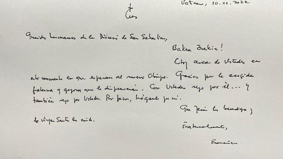 Carta manuscrita del papa Francisco a la diócesis de Donostia