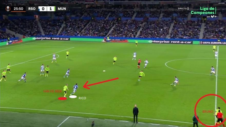 Ten Hag insistió también en explorar la espalda de Rico, atrayéndole alto con las caídas a banda de Van de Beek y dejando a Bruno pegado a la cal… Lo ajustaría la Real escorando más adelante a Pacheco en la vigilancia al portugués.