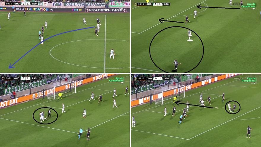 Dentro del nuevo contexto, costó más encontrar situaciones para esos cambios de orientación al extremo del lado débil... Pero la Real halló uno a través de Brais. Diagonal larga del gallego a Navarro. Y gol con origen muy similar al del 0-1, este mediante desborde individual.