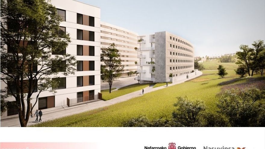 Recreación virtual de los futuros bloques de viviendas de VPO en alquiler que se prevén en la Ripa de Beloso, en Erripagaña.