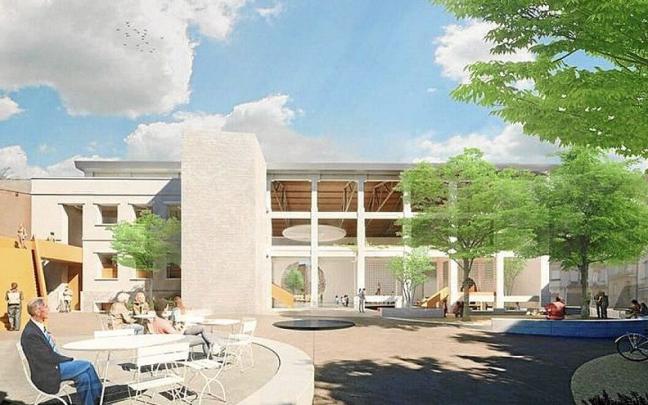 Infografía del frontón Lizarra abierto desde el barrio de Lizarra.