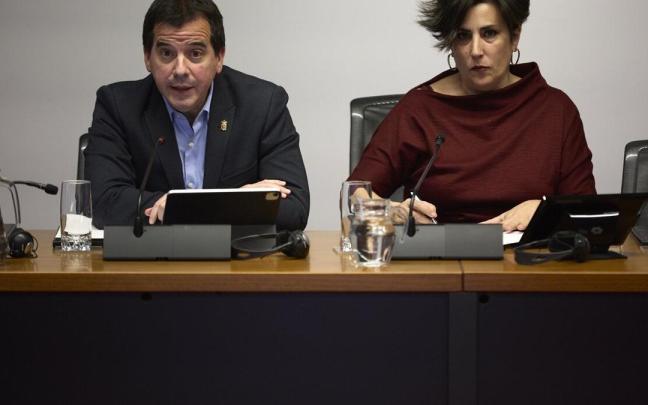 El consejero Mikel Irujo y María Solana, durante la comparecencia en la comisión de Desarrollo Económico sobre la compra de mascarillas por Sodena