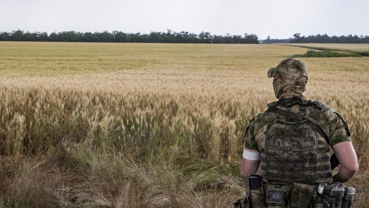 Un soldado ruso patrulla junto a un campo de cereal en Melitopol, Zaporizhia.