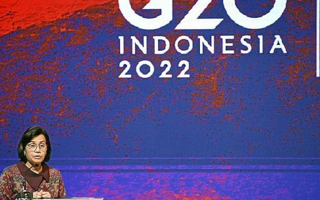 La ministra de Finanzas de Indonesia, Sri Mulyani Indrawati, durante su intervenci&oacute;n. | FOTO: AFP