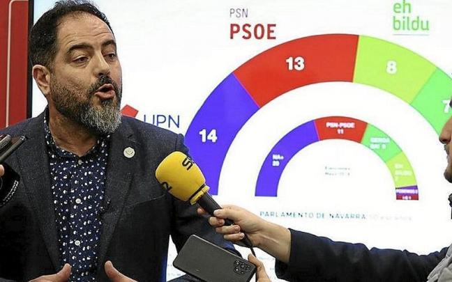 Alzórriz, delante del panel con la encuesta del PSN. | FOTO: JAVIER BERGASA