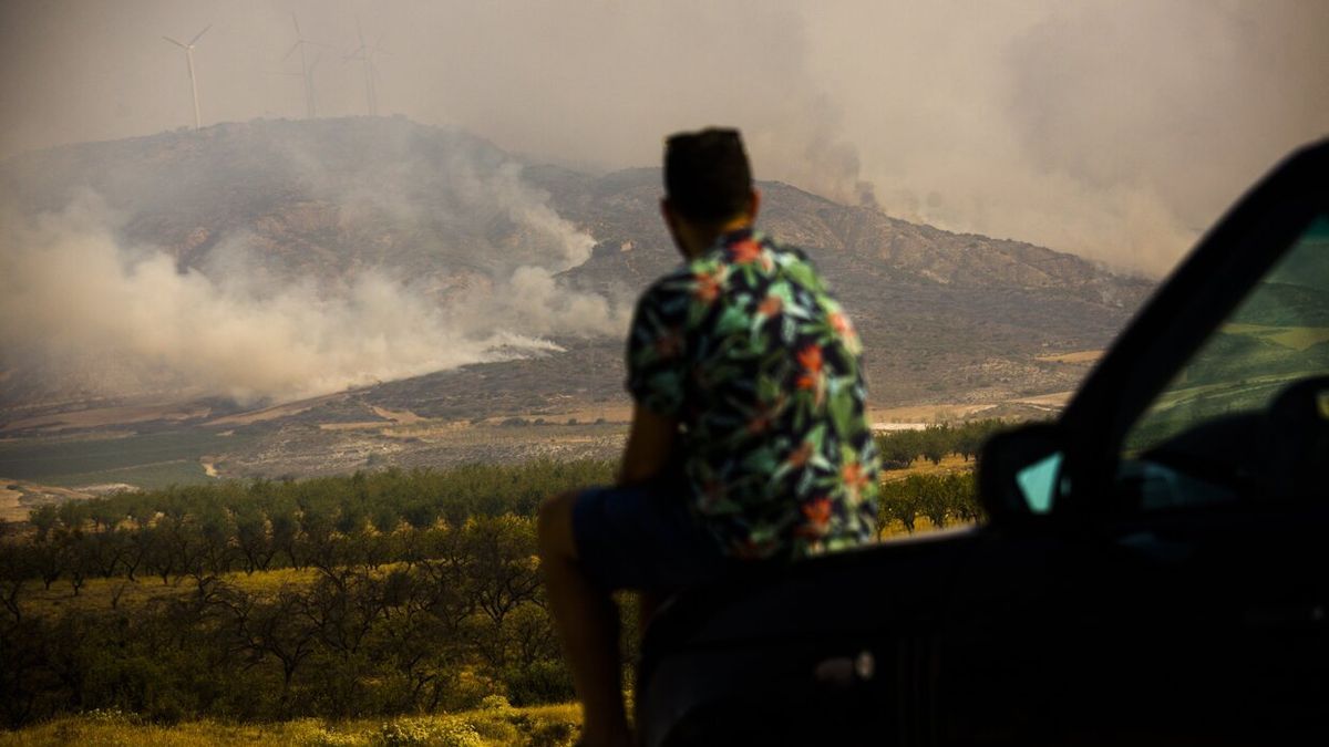 Un vecino del municipio de Borja observa el incendio en la zona de Moncayo