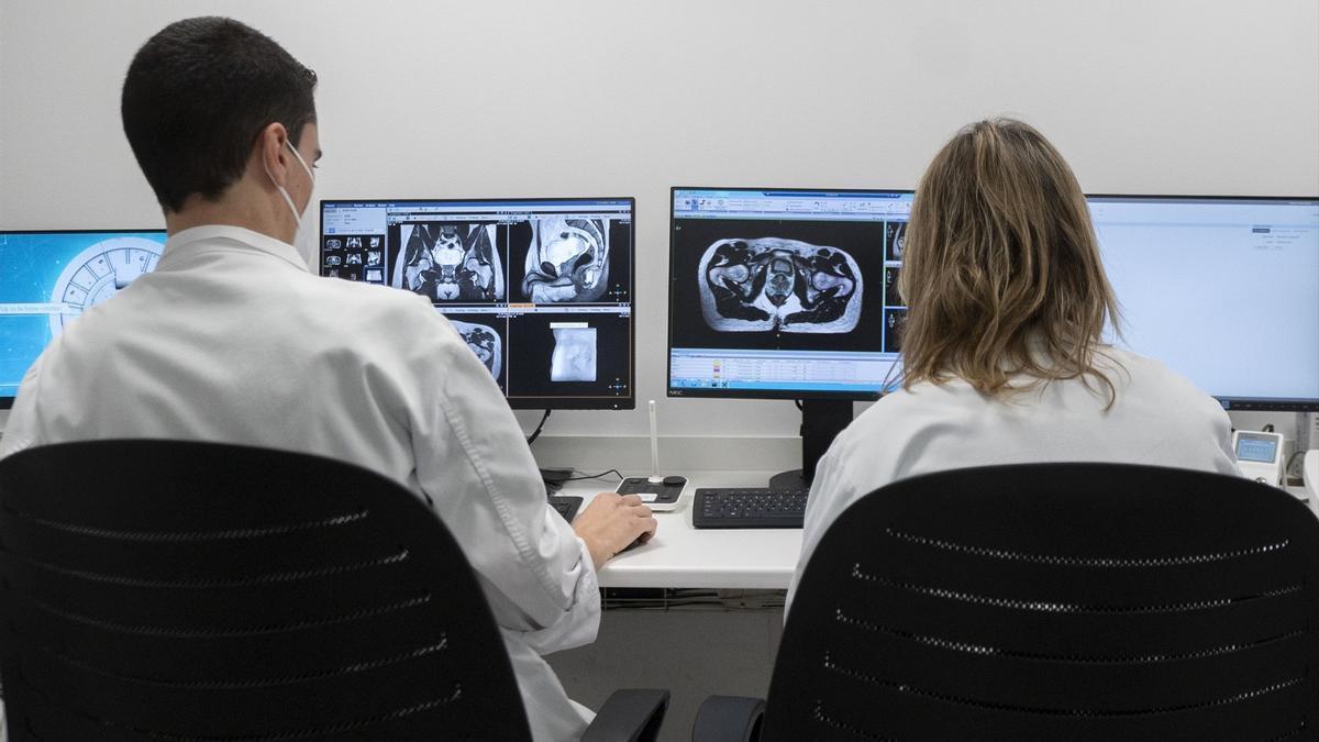 Dos técnicos controlan un sistema de radioterapia de precisión molecular guiado por resonancia magnética.