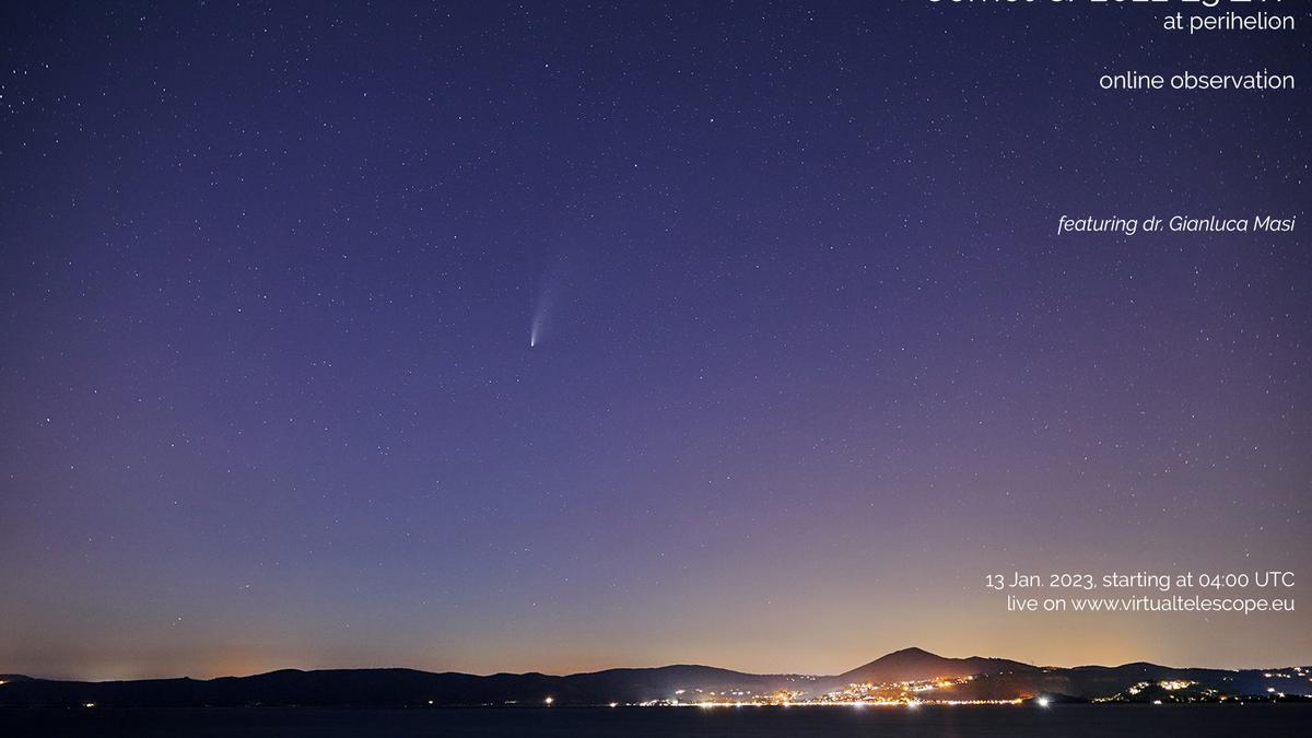 Imagen del cometa C/2022 E3 ZTF sobre el lago italiano Bracciano (Lacio) en el momento de su perihelio.