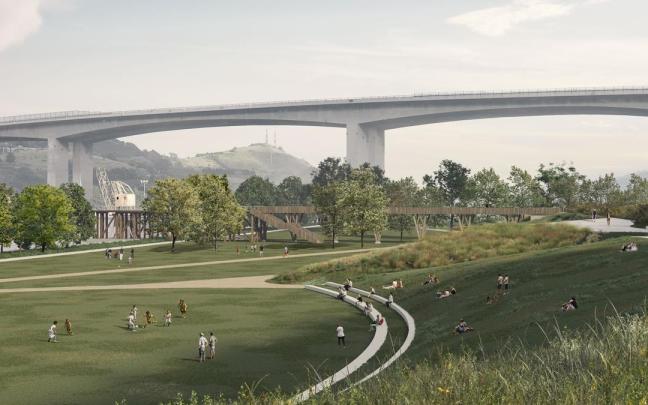 Infografía de como quedará el espacio verde a crear entre el puente de Rontegi y la dársena de Portu con la ría como líminte Infografía de como quedará el espacio verde a crear entre el puente de Rontegi y la dársena de Portu con la ría como líminte
