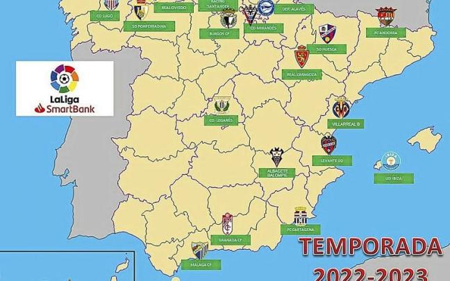 Mapa de los equipos de la Segunda División de la temporada 2022-23. Foto: DNA Mapa de los equipos de la Segunda División de la temporada 2022-23. Foto: DNA