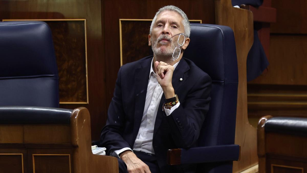 El ministro de Interior, Fernando Grande-Marlaska, durante su primera comparecencia en el Congreso para dar explicaciones de lo ocurrido en Melilla.