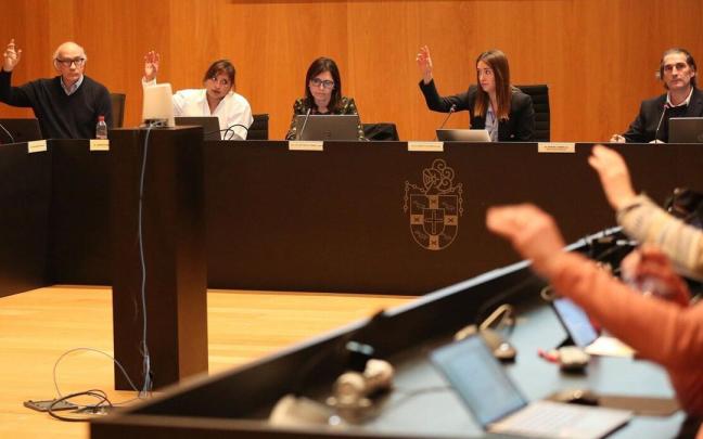 Un momento de la votación, con Navarra Suma al fondo, durante el pleno de este martes. Un momento de la votación, con Navarra Suma al fondo, durante el pleno de este martes.