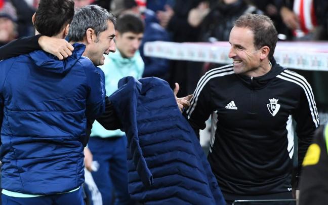 Valverde y Arrasate, en el partido de Liga. Valverde y Arrasate, en el partido de Liga.