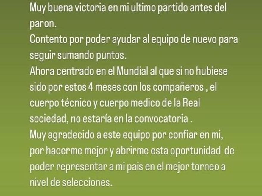 El texto que ha compartido Kubo en Instagram